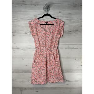 Gap Dress Womens Small Gray Pink Floral Crepe Elastic Waist‎ Pockets Scoop Neck